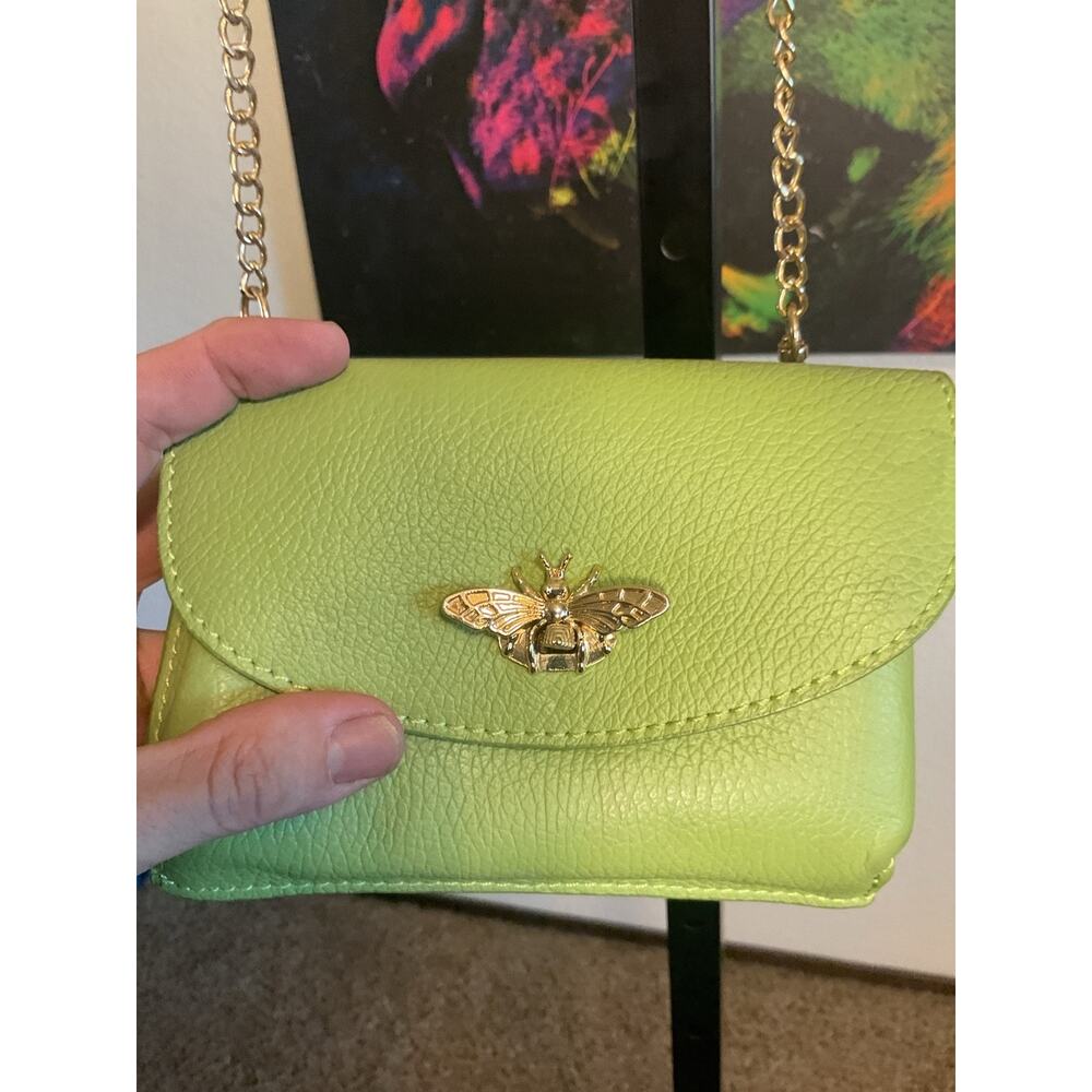 Vera Pelle Made in Italy Lime Green Leather Bee Crossbody Purse Mini Bag - Picture 2 of 7